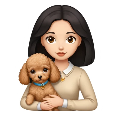 woman with  brown light skin black straight hair and brown  eyes is holding a apricotpoodle puppy sticker
