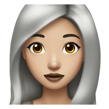 wasian girl with long dark brown hair and white/gray highlights and thick lashes and brown lipstick sticker