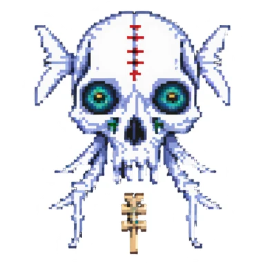 pixel art fish skull logo with X eyes and bone elements sticker