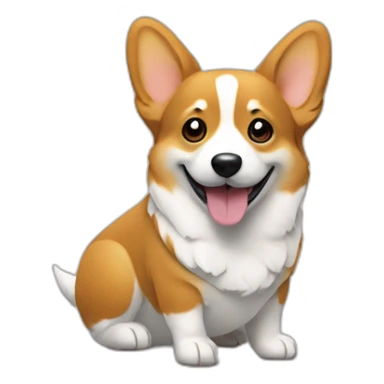 corgi sits in front of computer sticker