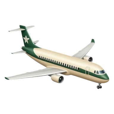 passenger airplane with long fuselage, main color light beige (milky), only dark green (#173e12) details, no other colors, Apple emoji style, no text sticker