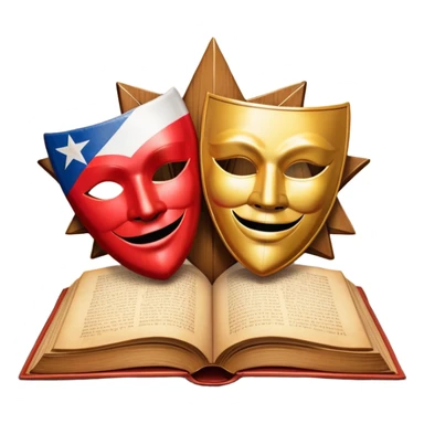 Ancient leatherbound book with prominent Puerto Rican flag star in center of cover, wooden theater masks and curtains framing the edges, warm amber glow emanating from pages, vintage textured parchment sticker