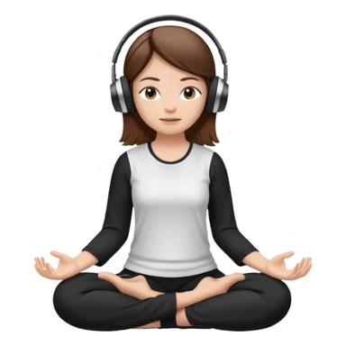 White girl, brown hair meditating with headphones on and black and white clothes sticker