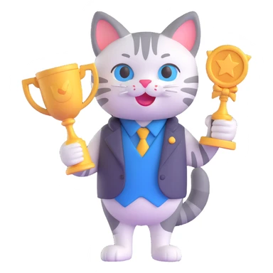 a 3D emoji style cat holding an award trophy, looking proud and famous sticker