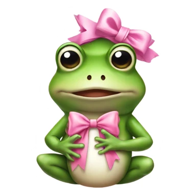 Frog wearing pink bow on head while holding teddybear in his hands sticker