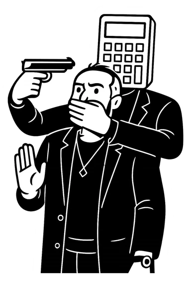 Используя такую стилистику и точно такого же героя, сгенерируй картинку. На ней позади героя стоит фигура, у которой вместо головы калькулятор, она приставила к виску героя пистолет, а другой рукой закрывает рот героя, прозрачный фон sticker