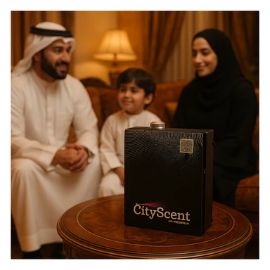 Create a vertical (portrait, 9:16 aspect ratio) Instagram Story–style image showing the CityScent air freshener machine on a table in a luxurious home interior. Include a family in traditional Arabic clothing relaxing and enjoying the scent. The style should be realistic, elegant, and visually engaging for social media. sticker