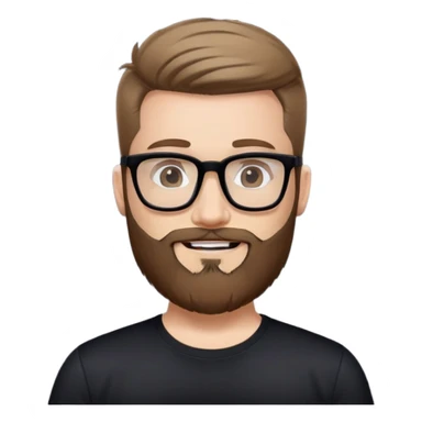 Fair-skinned man with full beard, short hair styled upward, large black-framed glasses, smiling, wearing black athletic fabric shirt sticker