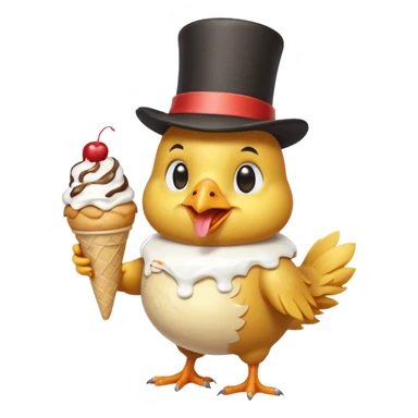 cute chicken dressed in overalls and a top hat, enjoying an ice cream sundae sticker