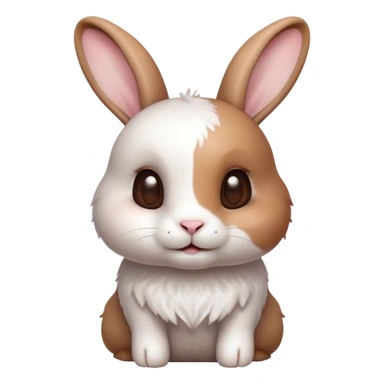 Cinematic Cute White and Brown Rabbit Portrait Emoji, Head tilted playfully and inquisitively, featuring a silky fur with a delicate mix of white and brown patches, round, sparkling eyes filled with curiosity, Simplified yet irresistibly adorable features, highly detailed, glowing with a warm, friendly glow, high shine, affectionate and lively, stylized with a touch of whimsy, bright and endearing, soft glowing outline, capturing the essence of a mischievous yet loving bunny, so playful it feels like it could hop out of the screen and into your arms! sticker