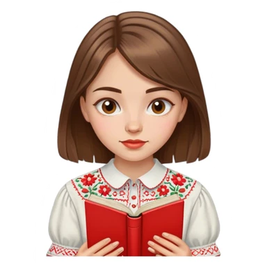 A Ukrainian girl with brown hair in an embroidered shirt reads a red book sticker