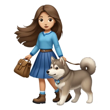 A girl with long brown hair and a skirt walking an Alaskan sticker