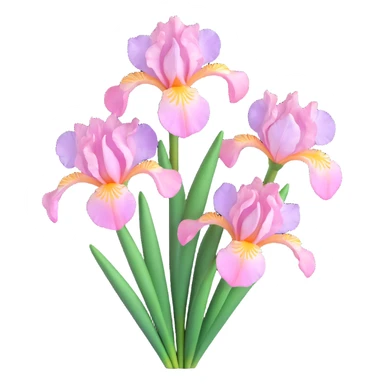 a pair of elegant iris flowers with soft pink petals and green stems, glossy finish, realistic textures, modern and clean look, soft lighting, iOS 3D emoji style sticker
