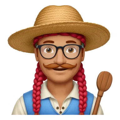 venice gondolier with long red braided hair, iconic hat, normal glassess and mustache sticker