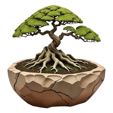 Roots Stoneware akadama moss on soil irregular angular Stone Age rocks cracked crags and broken rough edges forming a very shallow Yixing bonsai pot sans(without) tree  sticker