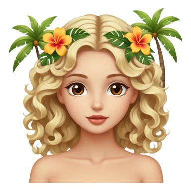 Luxury blonde model, brown eyes, soft curls, island vacation, tropical hair flowers sticker