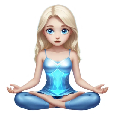 Cinematic girl with large sparkling blue eyes sitting cross legged, Ultra realistic 32k HD, hauntingly beautiful, Balanced features, highly detailed, glowing, high shine, enchanting, ghostly, dreamy glow, complex pose. The image is so lifelike it could leap off the canvas at any moment sticker