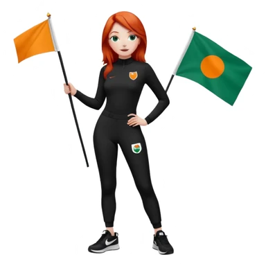 white girl wearing orange cameo trousers and along sleeve high neck black bodysuit with black and white Nike trainers. she has red hair and bluey green eyes and is holding flag with her logo on  sticker