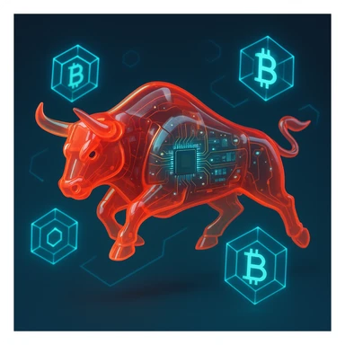 bull charging through digital blockchain symbols sticker