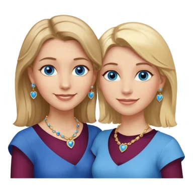 Two women, one with dark blonde medium-length hair, blue eyes, jewels, and earrings. The other is slightly shorter, also with blonde shoulder-length hair, blue eyes, a gold heart necklace, and earrings. Both women are smiling and embracing. sticker