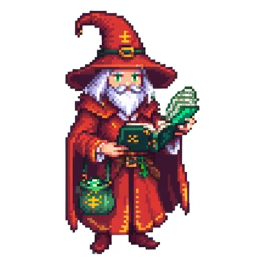 Red wizard CEO with spellbook and money pouch, fantasy RPG guild leader, pixel art style sticker