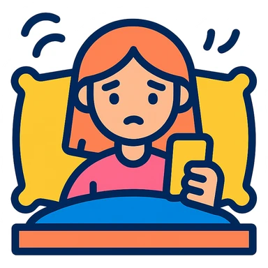 Girl lying in bed, wanting to sleep but not wanting to, staying up late playing with her phone sticker