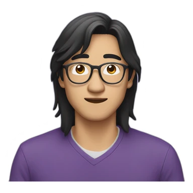 an asian guy with very long black hair. Wearing glasses and a purple sweat sticker