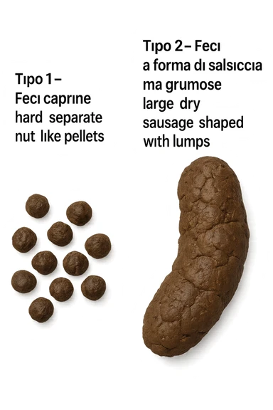 immagine di due tipi di feci iperrealistiche viste dall'alto con descrizione:
Tipo 1 – Feci caprine
Palline dure, separate, simili a noci

Tipo 2 – Feci a forma di salsiccia ma grumose
Massicce e disidratate.
 sticker