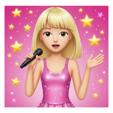 Pretty and thin tall Blonde pop star with bangs singing onstage, wearing a sparkly pink outfit   sticker