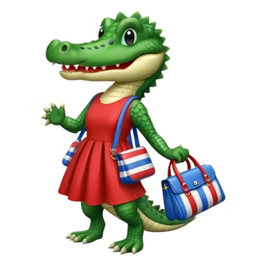 smiling crocodile in a red dress, blue boots, carrying a striped bag sticker