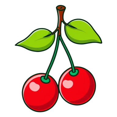 Two bright ruby red cherries connected by a green stem sticker