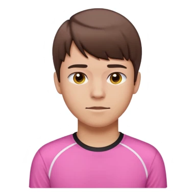 realistic apple emoji style portrait of a young man with short brown hair, straight bangs, wearing a pink sports shirt sticker