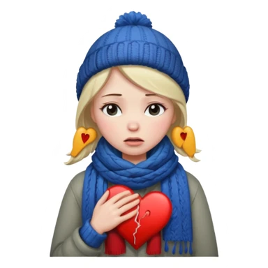 woman broken hearted, looking down sad, about to cry. holding her heart breaking, wearing a winter outfit sticker