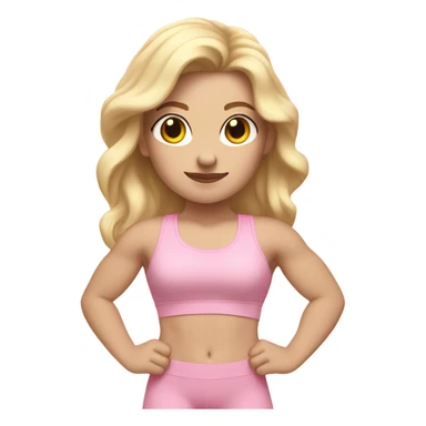 White woman, pale skin, long hair, blonde hair, wavy hair, baby pink sports bra, baby pink leggings, flexing right arm sticker