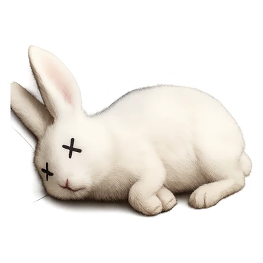 Make the rabbit appear dead, lying on its side with cartoon X's for eyes, no blood, keep the exact same photorealistic style and details, transparent background. sticker