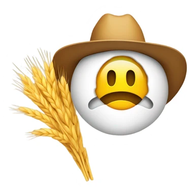 Yellow, round emoji, in a cowboy hat, smiling with a piece of wheat dangling from mouth sticker