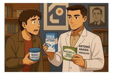 fai un webtoon manga a colori con questo stile, in cui un uomo ASCOLTA Il kinesiologo con il camice bianco (fagli anche la scritta "ANTONIO ANANIA" SUL CAMICE, IL KINESIOLOGO SPIEGA ALL'UOMO UNA MOSTRANDO VARI PRODOTTI DA SUPERMERCATO CONFEZIONATI (TIPO SCATOLA DI LATTE SENZA LATTOSIO, MOZZARELLA SENZA LATTOSIO), OGNI CONFEZIONE HA LA SCRITTA "SENZA LATTOSIO SULL'ETICHETTA. L'UOMO OSSERVA IL KINESIOLOGO CON ESPRESSIONE CONFUSA IN VOLTO. non fare i fumetti però, fai solo in modo che sembri stiano parlando sticker