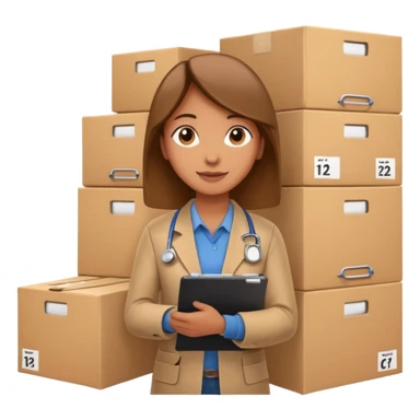 A person holding a clipboard with checklist marks next to stacked boxes, indicating stock or inventory management. sticker