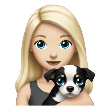 Blonde haired white girl with blue eyes holding a black and white Chihuahua ￼ sticker