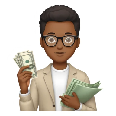  Venture capital. Young black man with stylish glasses in casual clothes and a term sheet and money sticker