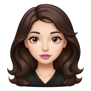 girl with wavy long glamorous dark brown hair, brown eyes, light to medium complexion, long lashes, almond shaped eyes, light pink lipstick, square shaped face sticker