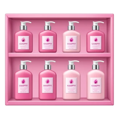 products on a shelf, there are Shampoo bottle, color tube, and conditioner on a pink shelf, the products are luxury brand-labeled and have nice packaging sticker