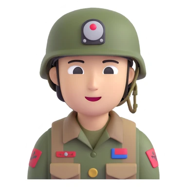 Korean soldier with camouflage helmet and friendly expression, 3D emoji style sticker