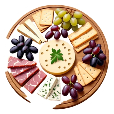 Delicious charcuterie board with assorted cheeses, meats, crackers, grapes, and olives arranged beautifully on a wooden board sticker