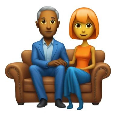 alien reptilian woman in orange dress and humman man in blue, sitting on a couch  sticker