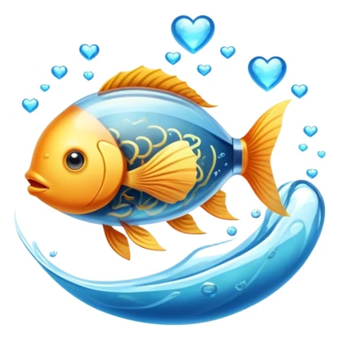 Golden fish in blue water transforming into an omega-3 capsule, with ethereal energy connecting to a heart and brain, showing the origin of omega-3 from fish sticker