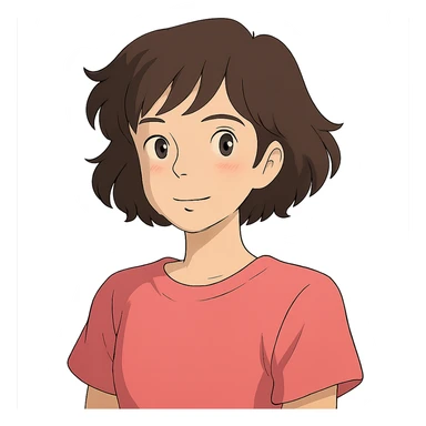 ghibli style young brunette woman with short wavy hair to shoulders, wearing a pink t-shirt sticker