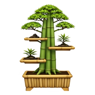 Three tiered bonsai planters stand, shelving holding six specimens,made of inch thick bamboo  sticker