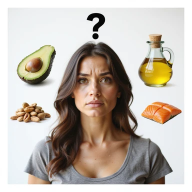 realistic woman with confused expression, slightly changed face position, surrounded by realistic icons of healthy fats (avocado, olive oil, nuts, salmon), question mark above head, hyperrealistic details, natural light, PNG without background, variant 5 sticker