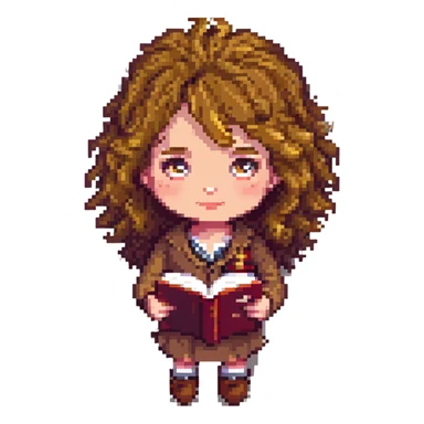 pixel art style Hermione Granger character with bushy hair and book sticker